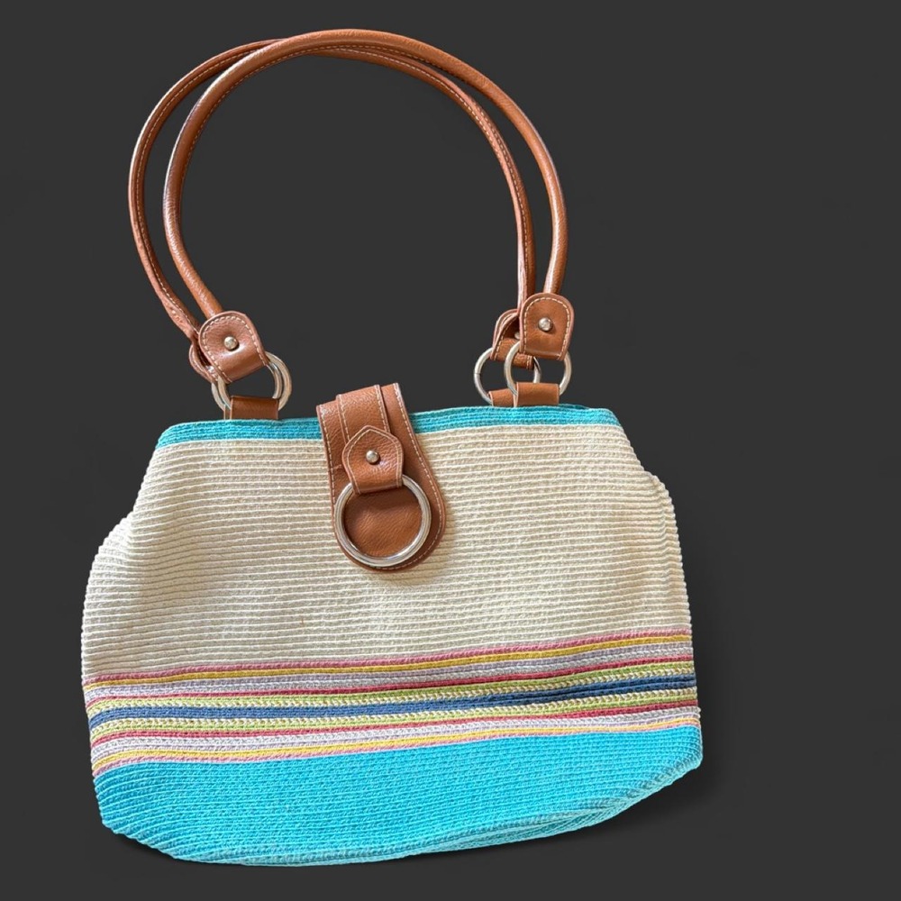 Beachy Boho Striped Raffia Handbag Purse Tote